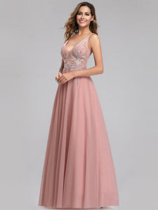 V-Neck See-through Beaded Evening Dresses