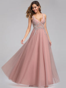 V-Neck See-through Beaded Evening Dresses