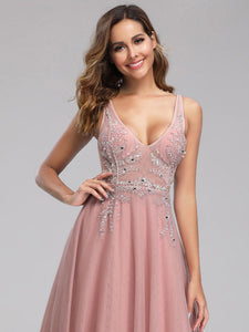 V-Neck See-through Beaded Evening Dresses