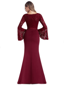 Floral Lace Flare Sleeve Floor-Length Evening Party Dresses