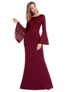 Floral Lace Flare Sleeve Floor-Length Evening Party Dresses