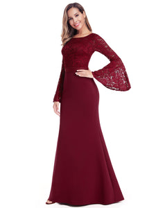 Floral Lace Flare Sleeve Floor-Length Evening Party Dresses