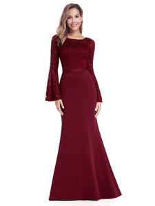 Floral Lace Flare Sleeve Floor-Length Evening Party Dresses