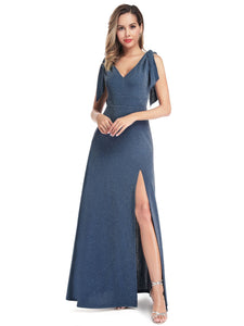 V-Neck Shiny Prom Dresses with Side Split F