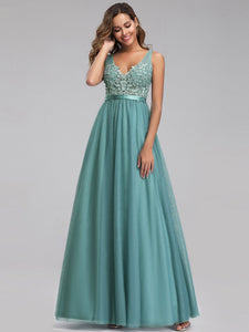 A-Line V-Neck Floral Lace pliques Bridesmaid Dress