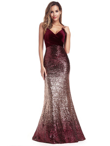 V-Neck Spaghetti Straps Sequins Mermaid Dress F