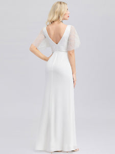 Double V Neck Wedding Dresses with Short Sleeve F