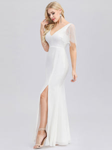 Double V Neck Wedding Dresses with Short Sleeve F