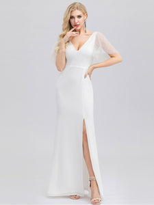 Double V Neck Wedding Dresses with Short Sleeve F