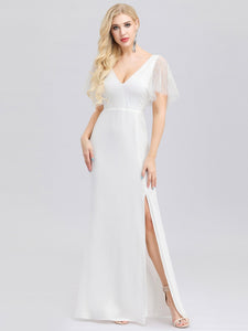 Double V Neck Wedding Dresses with Short Sleeve F