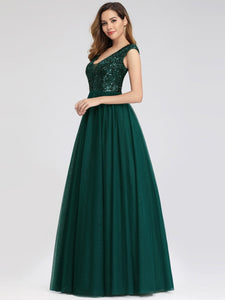 A-Line V-Neck Sequin Dress Floor-Length Prom Dresses F