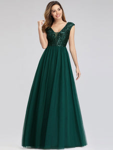 A-Line V-Neck Sequin Dress Floor-Length Prom Dresses F