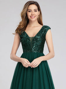 A-Line V-Neck Sequin Dress Floor-Length Prom Dresses F