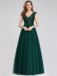 A-Line V-Neck Sequin Dress Floor-Length Prom Dresses F