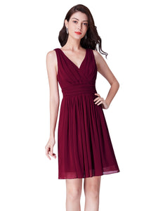 Burgundy V-Neck Short A-Line Wedding-Guest Party Dresses