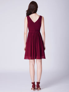 Burgundy V-Neck Short A-Line Wedding-Guest Party Dresses