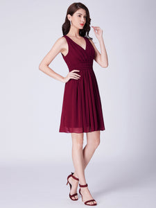 Burgundy V-Neck Short A-Line Wedding-Guest Party Dresses