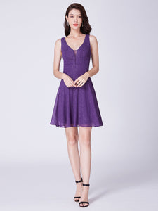 Purple V-Neck Short Cocktail Party Dress With Open Back F