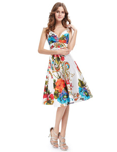 Double V-neck Empire Line Floral Printed Satin Cocktail Dress F