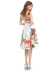 Double V-neck Empire Line Floral Printed Satin Cocktail Dress F