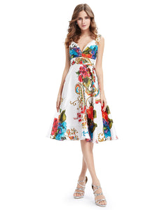 Double V-neck Empire Line Floral Printed Satin Cocktail Dress F