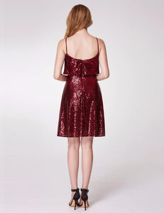 Short Burgundy Spaghetti Straps Sequined With Ruffled Bodice Holiday Party Cocktail Dresses F