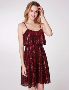 Short Burgundy Spaghetti Straps Sequined With Ruffled Bodice Holiday Party Cocktail Dresses F