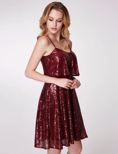 Short Burgundy Spaghetti Straps Sequined With Ruffled Bodice Holiday Party Cocktail Dresses F