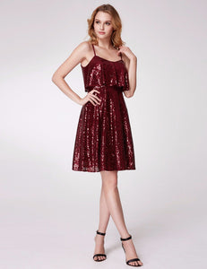 Short Burgundy Spaghetti Straps Sequined With Ruffled Bodice Holiday Party Cocktail Dresses F