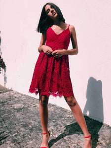 Spaghetti Straps Homecoming V-Neck Short Red Lace Party Dress F