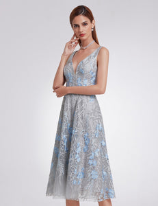 Double V-neck Tea Length Unique Lace Prom Evening Dresses