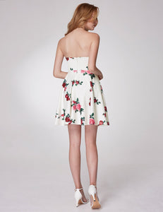 Floral Print Strless Short Off Shoulder Prom Dress F