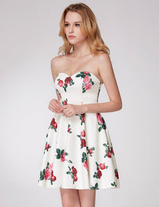 Floral Print Strless Short Off Shoulder Prom Dress F