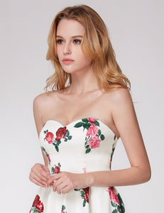 Floral Print Strless Short Off Shoulder Prom Dress F