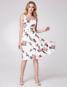 Floral Print Modern Sweetheart Sleeveless A-line Hollow Cut Party Dresses F