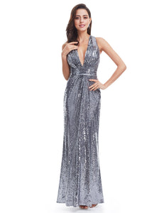 Sexy Long Deep V-Neck Sequin Evening Dress