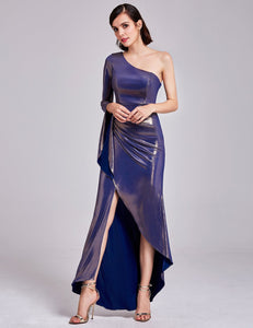 Long  One Shoulder Flare Sleeve Evening Party Dress