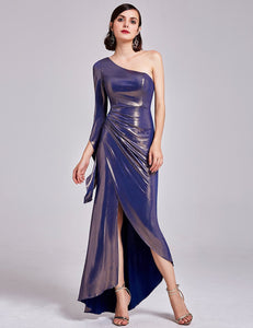 Long  One Shoulder Flare Sleeve Evening Party Dress