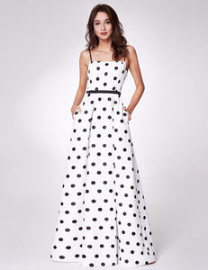 Long Spaghetti Str Polka Dot Prom Dress With Pocket F