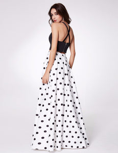 Long Two-Piece Halter Cross Back Polka Dot Prom Gown Dress F