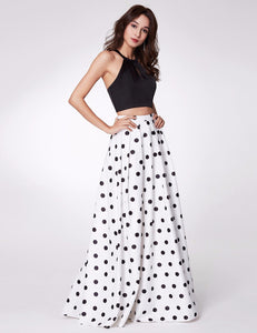 Long Two-Piece Halter Cross Back Polka Dot Prom Gown Dress F