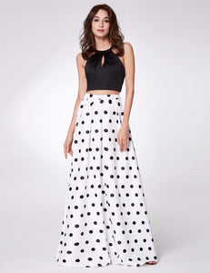 Long Two-Piece Halter Cross Back Polka Dot Prom Gown Dress F