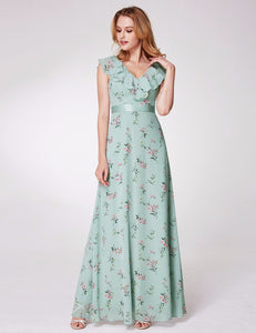 Vneck Floral Printed Bridesmaid Dress