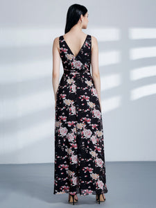 Fhion Flower Print Vneck Evening Dresses