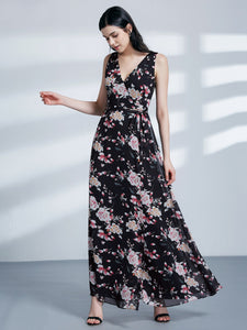 Fhion Flower Print Vneck Evening Dresses