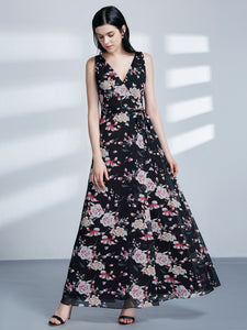 Fhion Flower Print Vneck Evening Dresses