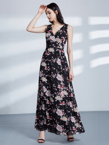 Fhion Flower Print Vneck Evening Dresses