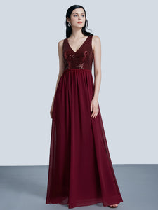 Fhion Sequins Chiffon Floor Length Vneck Evening Dresses