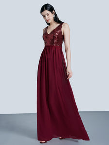 Fhion Sequins Chiffon Floor Length Vneck Evening Dresses