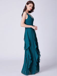 Ruffled Teal Long Prom Dresses with V-Neckline F